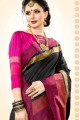 couleur noire khadi sari de soie de coton