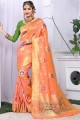 couleur pêche Banarasi sari de soie art