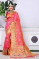 couleur rose foncé Banarasi sari de soie d'art