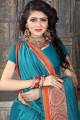 couleur bleu turquoise khadi sari de soie d'art