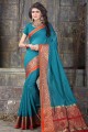 couleur bleu turquoise khadi sari de soie d'art