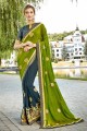 mousseline de soie de couleur gris vert et noir & georgette sari