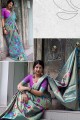 couleur bleu ciel kanjivaram sari de soie d'art