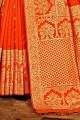 Sari Banarasi Orange En Soie Brute Banarasi