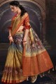 printed sari in shaded brown
