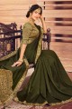 sari en soie vert chaume avec bordure en dentelle