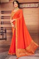 diwali sari en soie avec bordure en dentelle en rouge orange