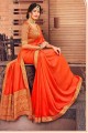 diwali sari en soie avec bordure en dentelle en rouge orange