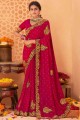 karvachauth sari à patch rose rouge en soie
