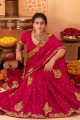 karvachauth sari à patch rose rouge en soie