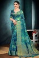 tissage de coton sari vert d'eau profonde avec chemisier