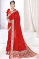 tissage jacquard et soie rouge clair sud indien diwali sari avec chemisier