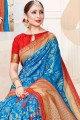 sari banarasi en soie brute en bleu d'eau avec tissage
