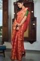 Saree Banarasi rouge tissage en mousseline de soie avec chemisier