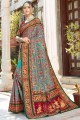 saris sud indien satin et soie avec fil en turquoise