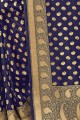 sari indien du sud en soie bleu marine avec tissage