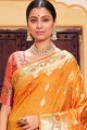 tissage banarasi soie banarasi sari en orange moutarde