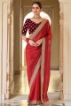 sari en soie rouge avec dentelle à paillettes