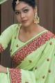 tenue de soirée verte sari en soie d'art avec pierre, fil, brodé
