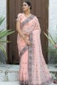 Peach art soie party wear sari avec pierre, fil, brodé
