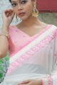 pierre, fil, soie d'art brodée sari en blanc avec chemisier