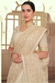 tenue de soirée sari en georgette blanc cassé avec rembourrage, brodé