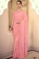 tenue de soirée sari en mousseline rose avec rembourrage, brodé