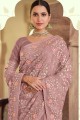 satin georgette party porter sari en violet mauve avec resham, brodé