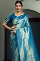 saris de mariage tissé bleu en soie d’art