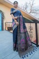sari bleu avec tissage soie tussar
