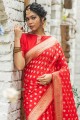 sari de mariage rouge en coton et soie avec tissage