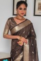 sari marron des indes du sud en soie tussar avec zari
