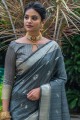 sari indien du sud en soie tussar en gris avec zari