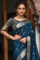 zari sud indien sari en soie tussar bleu sarcelle