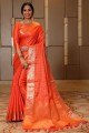 sari en soie banarasi orange avec tissage