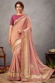 georgette sari en pêche avec zari, main, fil, brodé