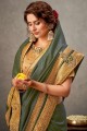 sari en soie tussar olive avec resham,zari,brodé à la main