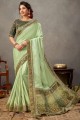 sari vert citron en soie tussar en zari, brodé à la main