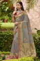 tissu gris et organza sari avec brodé, tissage