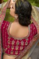 tissu gris et organza sari avec brodé, tissage