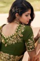 sari de mariage en soie d'art brodé en vert olive avec chemisier
