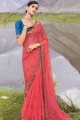 sari en mousseline avec resham, zari, brodé en pêche