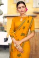 sari en soie d'art avec fil, brodé en jaune