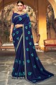 sari en soie d'art bleu avec fil, brodé