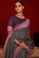 sari gris indien du sud en soie avec tissage, impression numérique