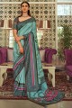 saris sud-indien en soie sarcelle avec tissage, impression numérique