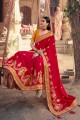 resham, satin brodé georgette sud indien sari en rouge avec chemisier