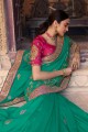 resham, brodé satin georgette mer vert sud indien sari avec chemisier