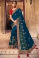 Resham, georgette en satin brodé bleu sarcelle sari du sud de l'Inde avec chemisier