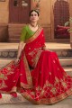 satin georgette sud indien sari en rouge avec resham, brodé